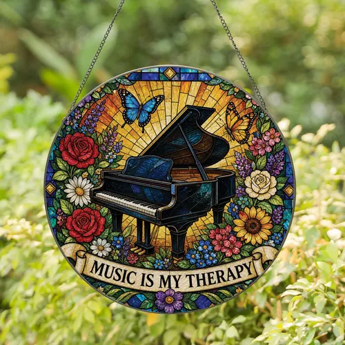 Stained Glass Piano With Floral Window Glow For Music Lovers, Holiday Gift At Home Stained Glass Suncatcher