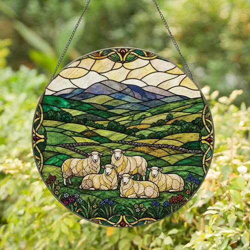 Irish Mountain Sheep Window Accent for Cottage Decor, Farmhouse Gifts, and Home Use Stained Glass Suncatcher