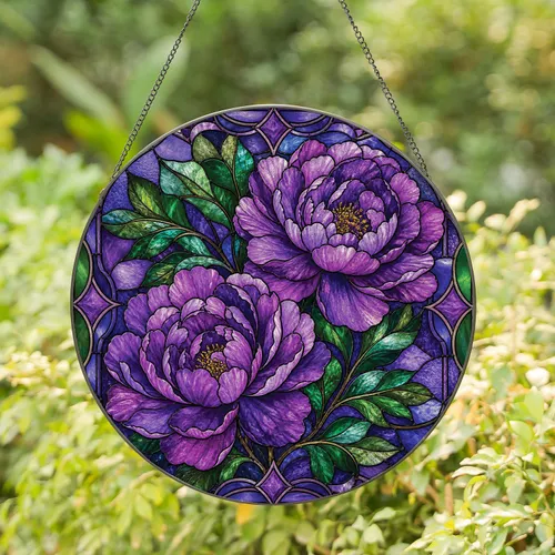 Purple Peony Stained Glass Window Accent for Cottage Garden Decor and Gift Giving Stained Glass Suncatcher