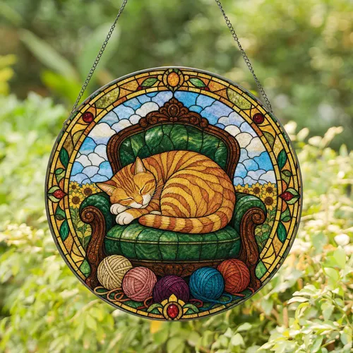 Sleeping Orange Tabby Cat With Yarn, Cozy Cottage Home Accent Gift For Cat Lovers Stained Glass Suncatcher