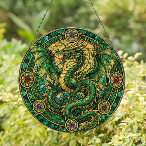 Green Dragon Stained Glass Window Accent For Fantasy Homes And Collector Gifts Decor Stained Glass Suncatcher
