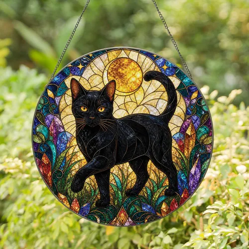 Black Cat Celestial Stained Glass for Witchy Home Ambience and Cat Lovers Gift Ideas Stained Glass Suncatcher