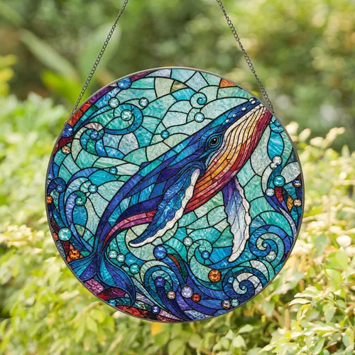 Humpback Whale Stained Glass Window Accent for Coastal Home, Ocean Gift, Nautical Decor Stained Glass Suncatcher
