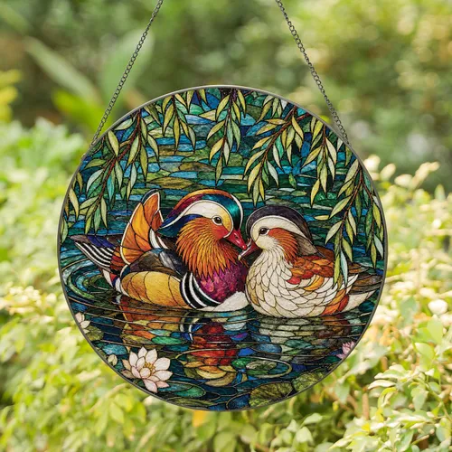 Mandarin Ducks Stained Glass Pond Window Decor For Romantic Home And Garden Spaces Stained Glass Suncatcher