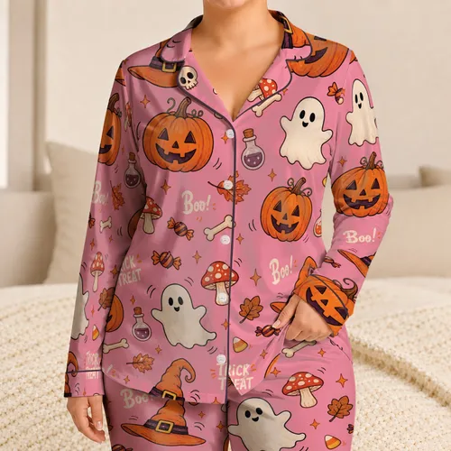 Pink Halloween Ghost Pumpkin Witch Hat Scatter for Trick Or Treat Sleepwear Satin Pajamas Set