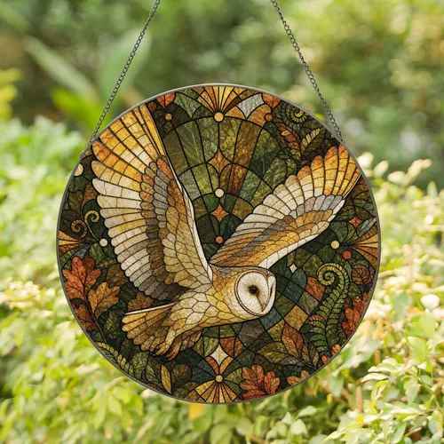 Barn Owl In Flight Stained Glass Wall Accent For Woodland Homes And Bird Lovers Alike Stained Glass Suncatcher