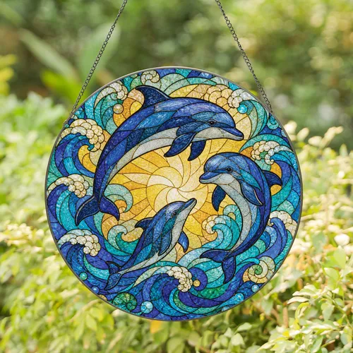 Three Dolphins Ocean Glass Panel for Coastal Home Decor and Beach House Gift Idea Stained Glass Suncatcher