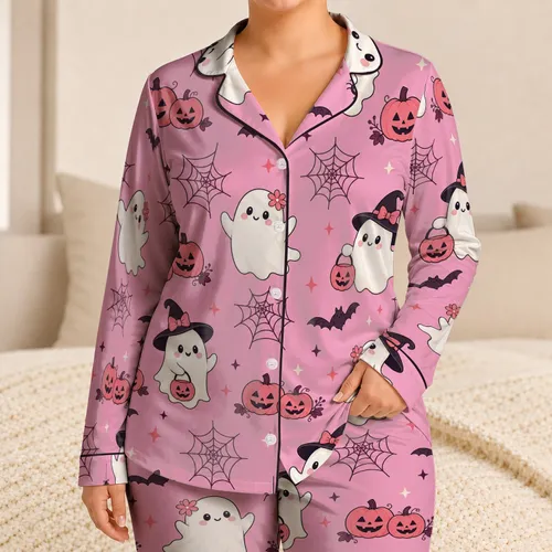 Cute Pink Halloween Ghosts and Pumpkins for Cozy Spooky Season Relaxing at Home Nights Satin Pajamas Set