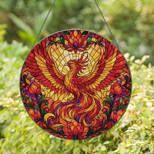 Phoenix Stained Glass Window Accent for Home Office, Holiday Gift for Bird Lovers Stained Glass Suncatcher