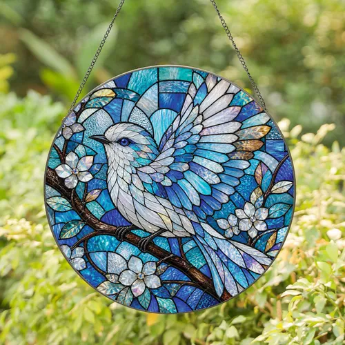 Stained Glass Bird on Branch for Window, Porch, and Garden Decor for Nature Lovers Stained Glass Suncatcher