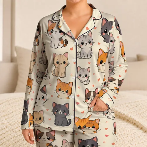Cheerful Kawaii Cat Portraits For Cozy Bedtime Lounging At Home And Women Cat Lovers Satin Pajamas Set