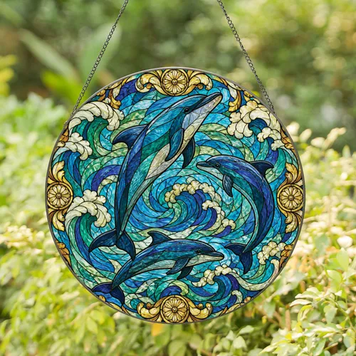 Dolphin Ocean Stained Glass Wall Accent For Coastal Home Decor And Nautical Gifts Stained Glass Suncatcher