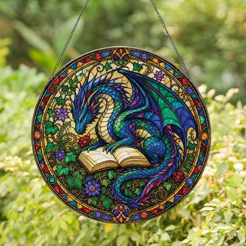 Majestic Blue Green Dragon With Open Book For Cottage Library And Reading Nooks Stained Glass Suncatcher