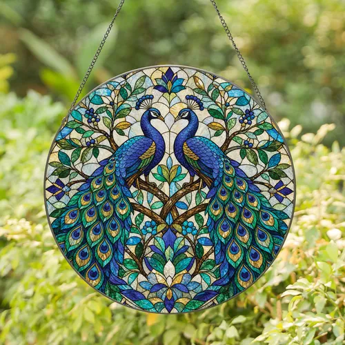 Mirrored Peacock Stained Glass Window Accent for Home, Wedding, and Gift Display Stained Glass Suncatcher