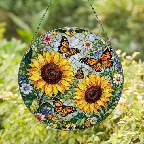 Sunflower Butterfly Garden Window Decor for Home Porch and Seasonal Display Gift Stained Glass Suncatcher
