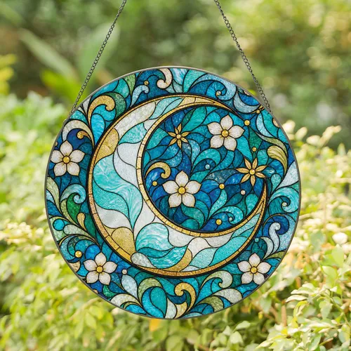 Boho Crescent Moon Celestial Hanging Decor for Cozy Cottage Homes and Moon Lovers Stained Glass Suncatcher