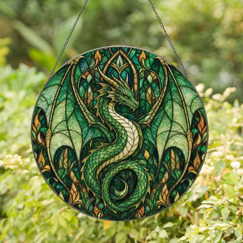 Gothic Green Dragon Stained Glass Window Accent for Halloween Home Decor Gift Lovers Stained Glass Suncatcher