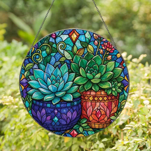 Tiffany Style Succulent Stained Glass Window Decor for Plant Lovers and Garden Homes Stained Glass Suncatcher
