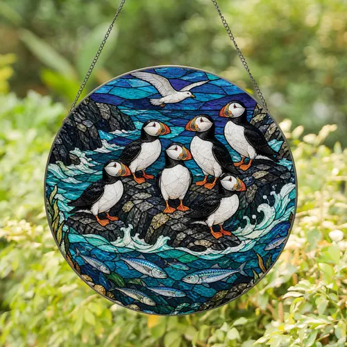 Puffin Flock on Coastal Rocks for Beach House, Ocean Cabin, and Cafe Wall Decor Gift Stained Glass Suncatcher