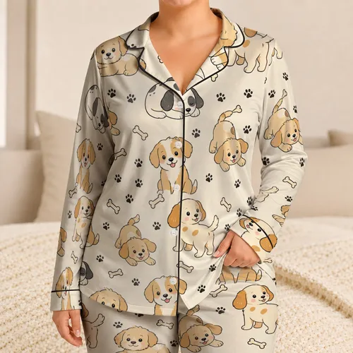 Cartoon Puppy And Dog Bone Sleepwear For Cozy Weekend Lounging Satin Pajamas Set