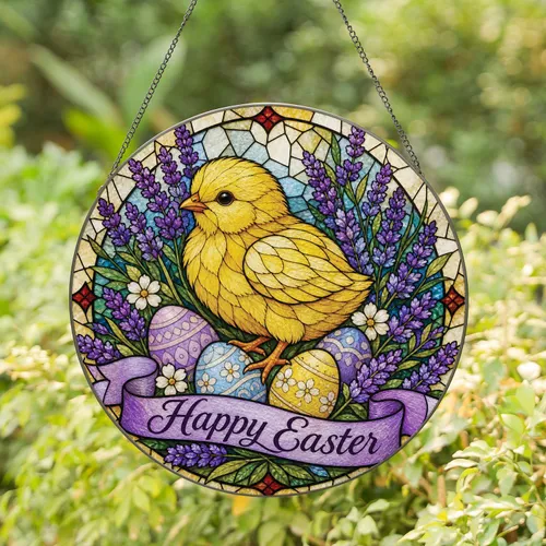 Fluffy Easter Chick With Lavender Wreath for Spring Window Decor and Holiday Gifts Stained Glass Suncatcher