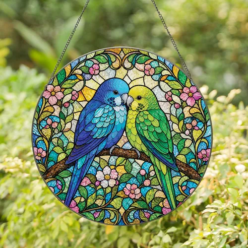 Twin Parrots On Branch Spring Window Accent For Bird Lovers And Gift Giving Home Stained Glass Suncatcher