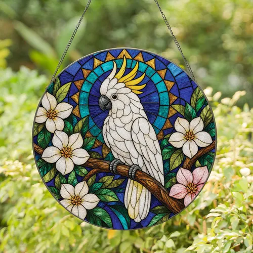 White Cockatoo Stained Glass Window Accent for Bird Lovers In Garden Rooms And Porches Stained Glass Suncatcher