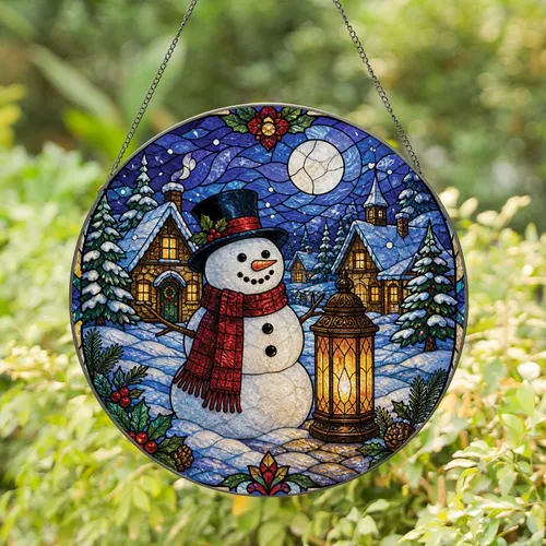 Winter Snowman Lantern Stained Glass Wall Accent for Holiday Home and Garden Decor Stained Glass Suncatcher