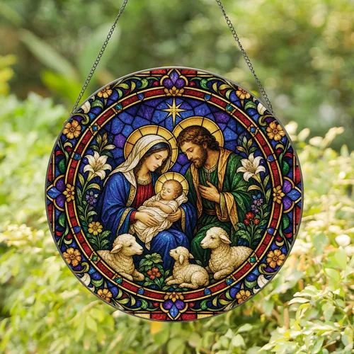 Holy Family Nativity Rose Window for Christmas Wall Decor, Catholic Faith Home Gift Stained Glass Suncatcher