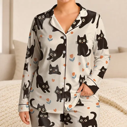 Espresso Brown Black Cats With Apricot Tulips For Cozy Bedtime And Feline Lovers Satin Pajamas Set