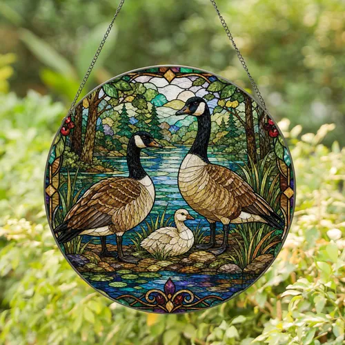 Vintage Goose Family Stained Glass Window Decor for Rustic Farmhouse Gift Giving Stained Glass Suncatcher