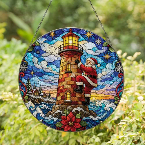 Santa Claus Lighthouse Stained Glass Holiday Decor for Christmas Home and Window Stained Glass Suncatcher