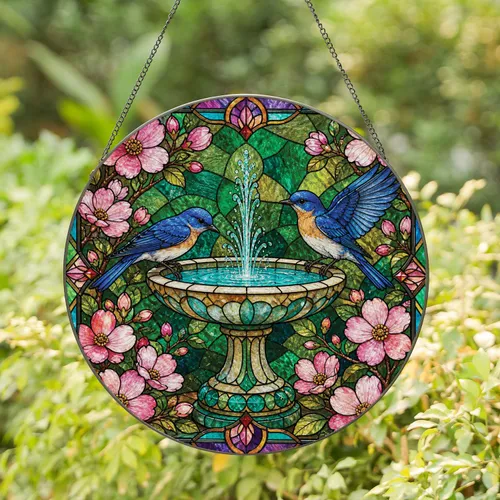 Bluebird Stained Glass Birdbath Fountain Window Accent for Porch Bedroom Gift Idea Stained Glass Suncatcher