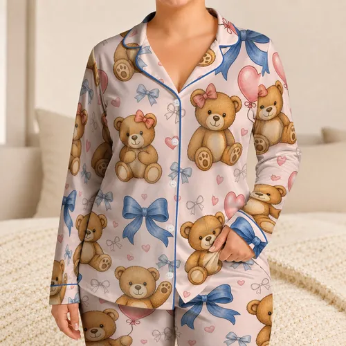 Teddy Bears With Heart Balloons and Blue Bows for Women's Cozy Celebration Nights Satin Pajamas Set