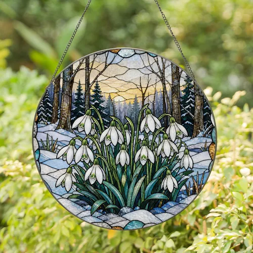 Snowdrop Winter Forest Window Accent for Holiday Decor and Peaceful Home Gifting Stained Glass Suncatcher