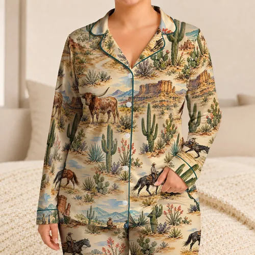 Watercolor Western Ranch Desert Scenes for Summer Lounge and Sleepwear for Women Satin Pajamas Set