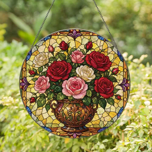 Rose Bouquet Stained Glass Window Accent For Valentine Home Decor And Gift Keepsake Stained Glass Suncatcher