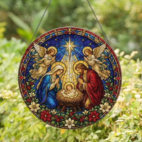 Tiffany-Style Nativity Window Decor for Christmas Homes and Faithful Gift Giving Stained Glass Suncatcher