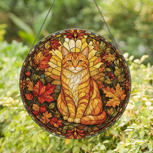 Orange Tabby Cat In Autumn Stained Glass Style For Cozy Home And Seasonal Gifting Stained Glass Suncatcher
