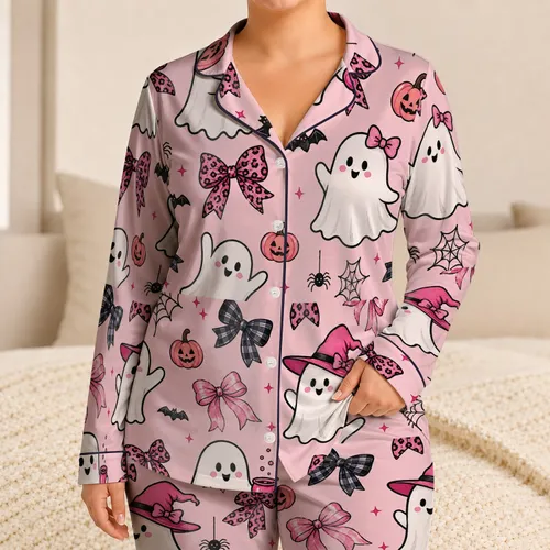 Cute Pink Ghost Bows For Halloween Sleepwear And Cozy Spooky Season Gifts For Women Satin Pajamas Set
