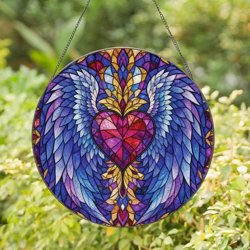 Heart And Angel Wings Stained Glass Memorial Gift For Loved Ones, Home Window Accent Stained Glass Suncatcher