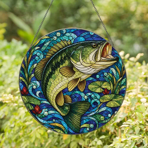 Leaping Largemouth Bass Stained Glass Lake Cabin Decor Gift For Fishing Enthusiasts Stained Glass Suncatcher
