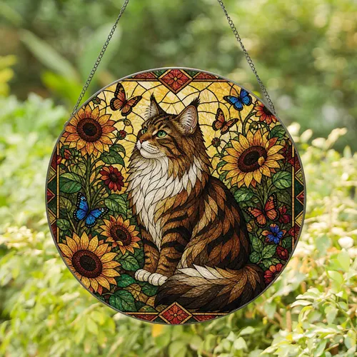 Norwegian Forest Cat Sunlit Garden Stained Glass Accent for Cottage Window Decor Stained Glass Suncatcher