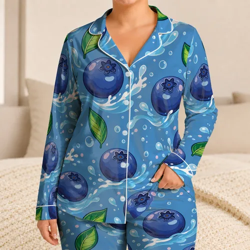 Blueberry Water Splash Leaves For Refreshing Summer Lounging And Relaxed Women At Home Satin Pajamas Set