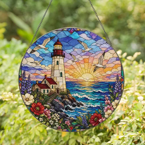 Coastal Lighthouse Window Accent For Nautical Homes, Beach Cottages And Gifts For Lovers Stained Glass Suncatcher