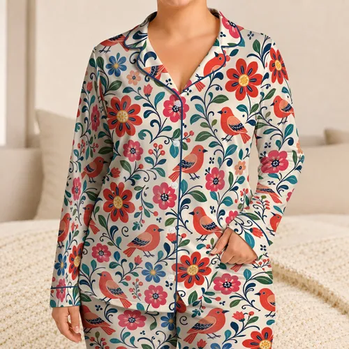 Folk Art Songbirds, Scarlet Flowers And Vines For Cozy Nights And Relaxed Lounging Satin Pajamas Set