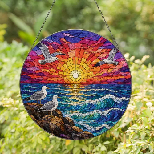 Coastal Sunset Seabirds Over Waves for Beach House Decor and Ocean Lovers Gift Set Stained Glass Suncatcher