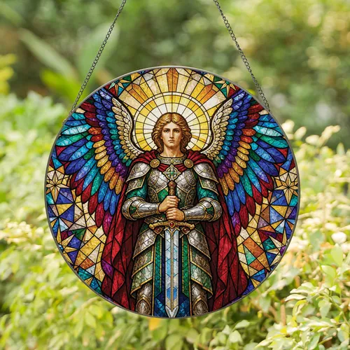 Saint Michael Stained Glass Halo Wall Hanging for Prayer Spaces and Sacred Home Decor Stained Glass Suncatcher