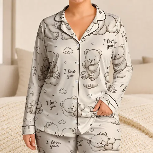 Teddy Bears With Hearts I Love You Romance Sleepwear Gift For Women Satin Pajamas Set