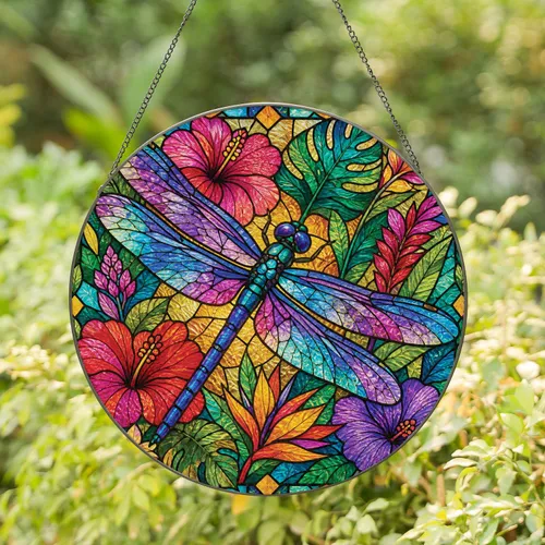 Dragonfly Floral Stained Glass Window Decor for Summer Garden Homes and Gift Givers Stained Glass Suncatcher